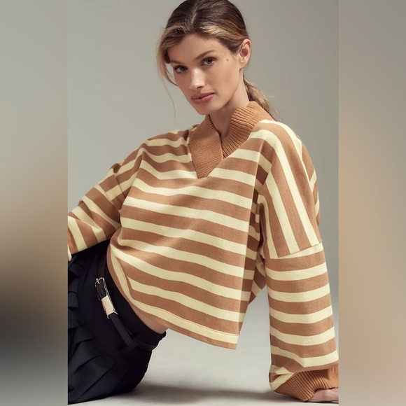 Maeve Tops - Maeve Cream and Camel Striped V-Neck Sweater Top